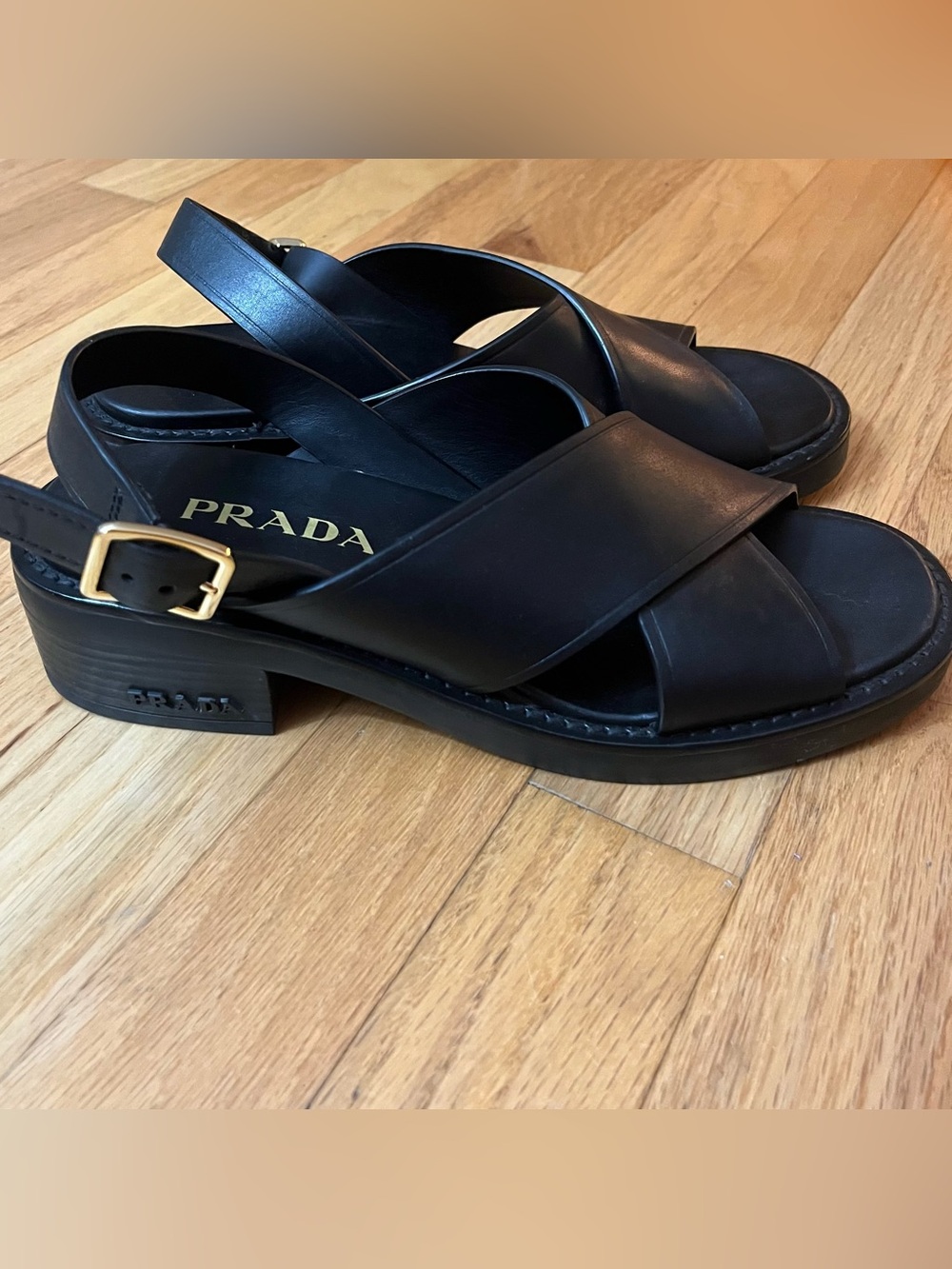 Prada Black Leather Crisscross Slingback Sandals 45mm Women's Size 37.5 7.5 - Picture 10 of 16